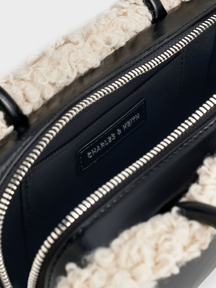 Fur-Trim Elongated-Handle Shoulder Bag, Chalk, hi-res