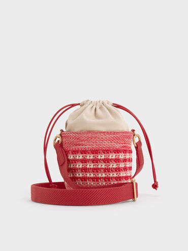 Girls' Ida Knitted Gingham Bucket Bag, Gingham Red, hi-res