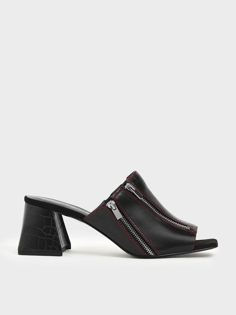 Croc-Effect Wrinkled Patent Zip Detail Slide Sandals, Black, hi-res