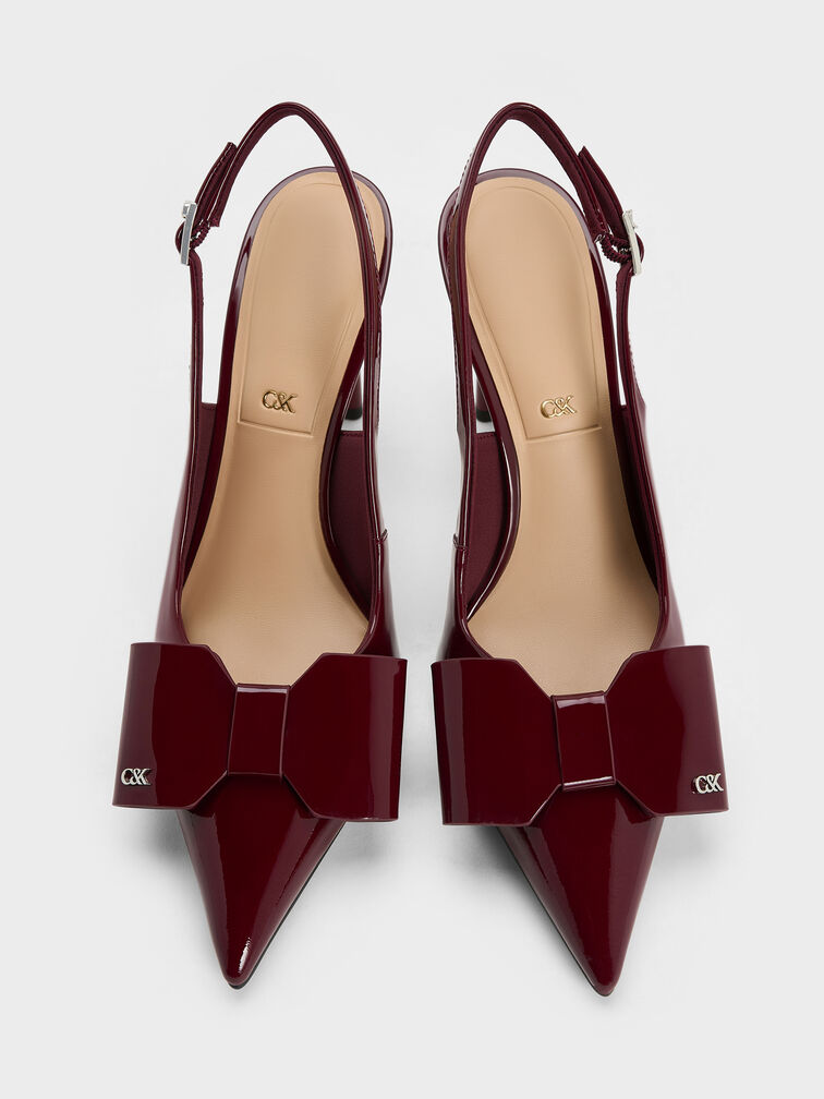 Lu Patent Leather Bow Blade-Heel Slingback Pumps, Burgundy, hi-res