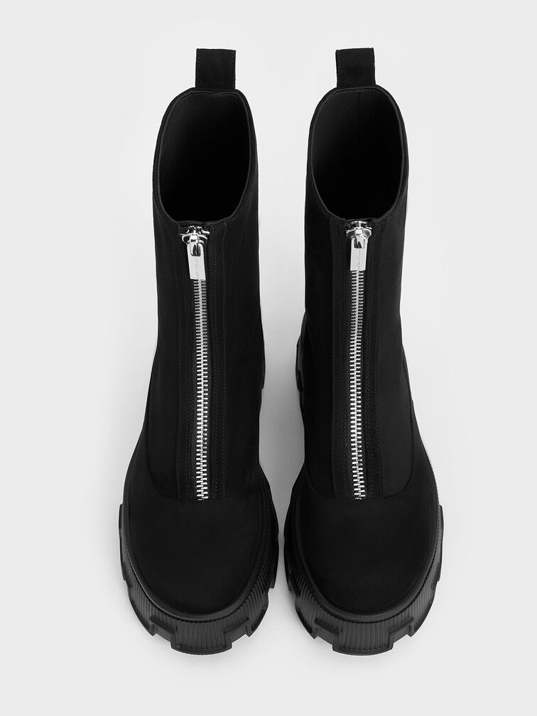 Faux Suede Zip-Up Platform Calf Boots, Black Textured, hi-res