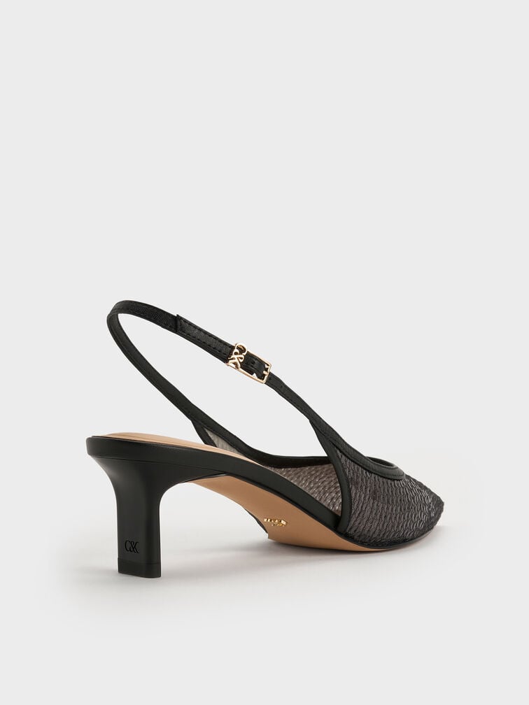 Sequin Mesh & Leather Slingback Kitten Heels, Black Textured, hi-res
