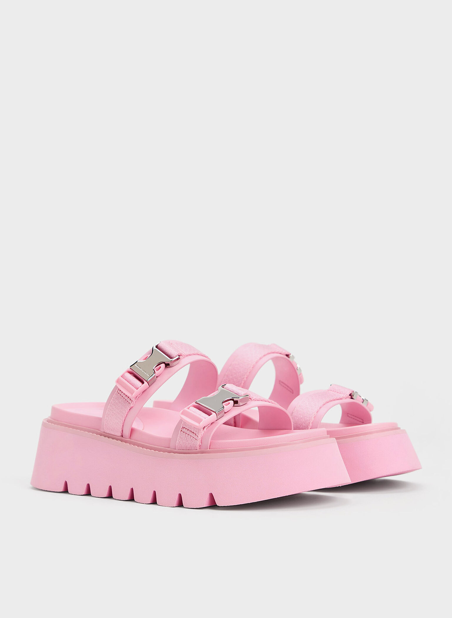 Laine Metallic-Buckle Flatform Sandals, Light Pink, hi-res