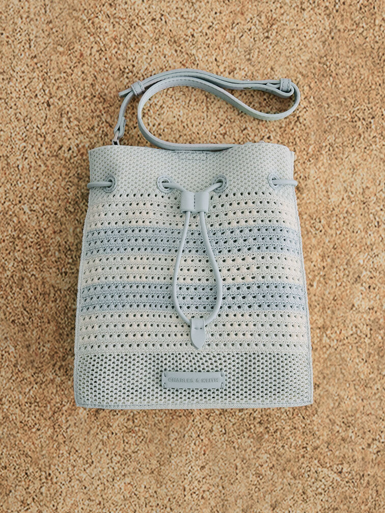 Ida Checkered Knitted Bucket Bag, Sea Salt Blue, hi-res