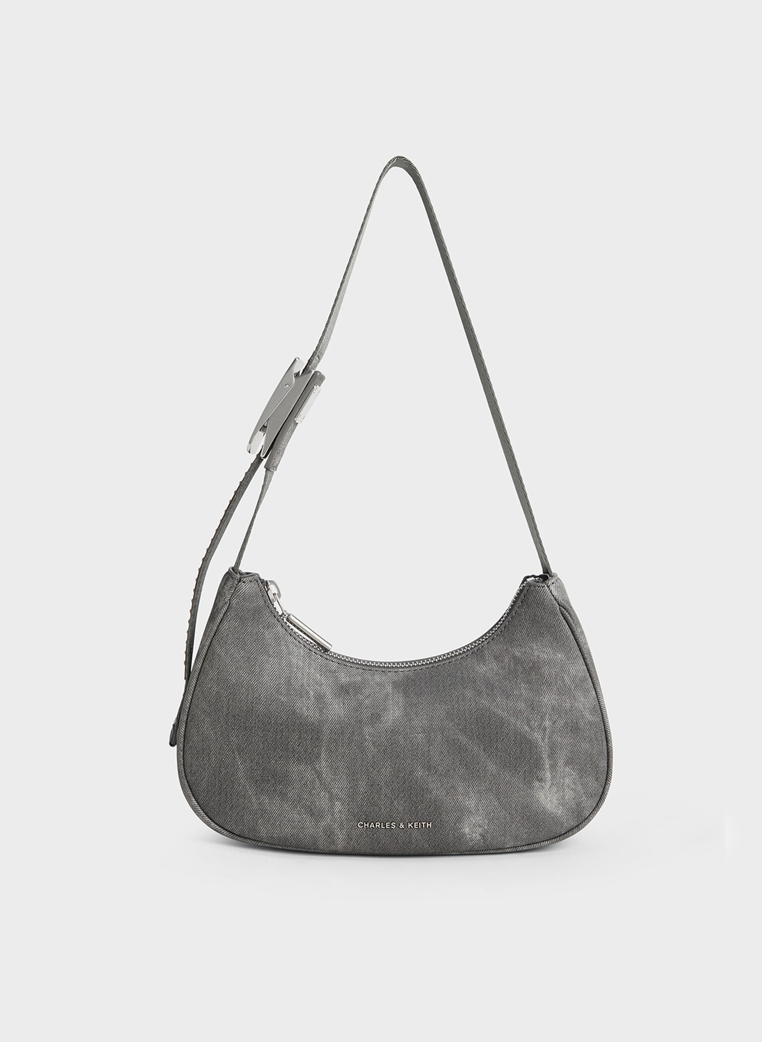 Denim Curved Metallic-Accent Shoulder Bag, Dark Grey, hi-res