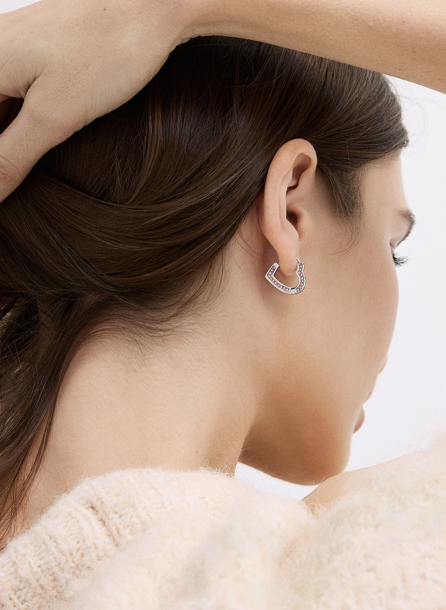 Malorie Crystal Heart Hoop Earrings, Silver, hi-res