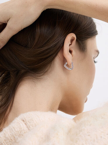 Malorie Crystal Heart Hoop Earrings, Silver, hi-res