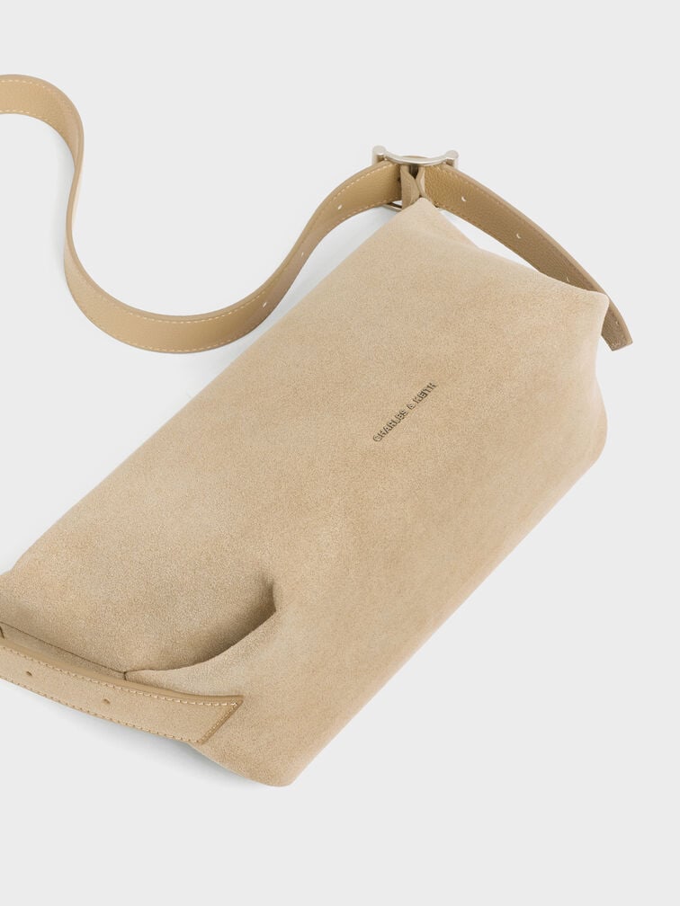 Gwynne Recycled Suede Buckle-Strap Slouchy Shoulder Bag, Nutmeg Beige, hi-res