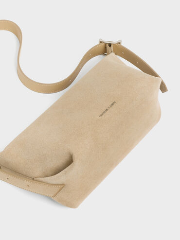 Gwynne Recycled Suede Buckle-Strap Slouchy Shoulder Bag, Nutmeg Beige, hi-res