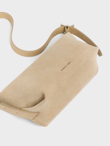 Gwynne Recycled Suede Buckle-Strap Slouchy Shoulder Bag, Nutmeg Beige, hi-res