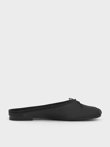 Satin Bow Flat Mules, Black Textured, hi-res