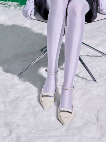 Leather Metallic-Accent Pointed-Toe Ankle-Strap Flats, Chalk, hi-res