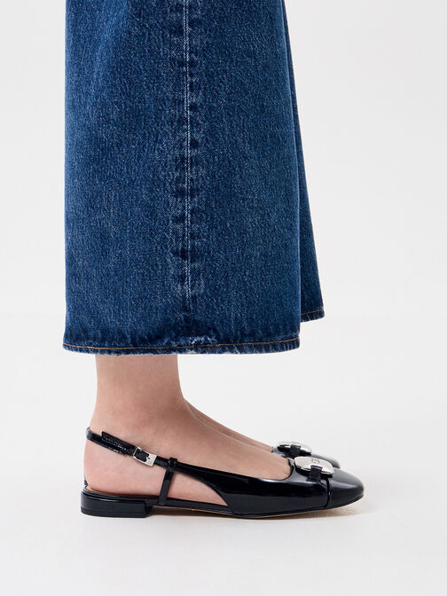 Patent Leather Metallic-Accent Slingback Flats, Black Patent, hi-res