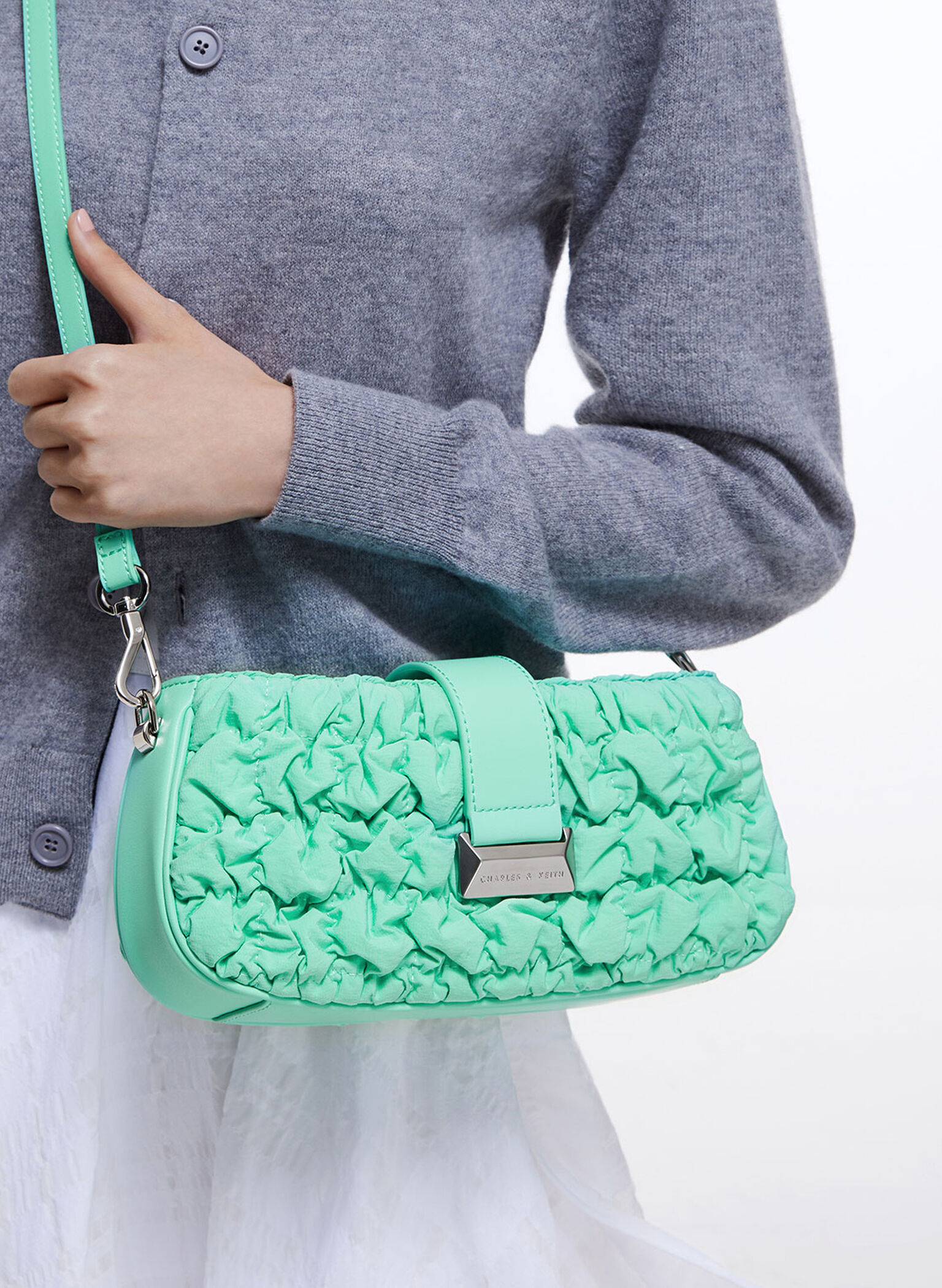 Ruched Nylon Chain Handle Bag, Mint Green, hi-res