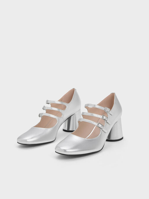 Claudie Metallic Buckled Mary Janes, Silver, hi-res