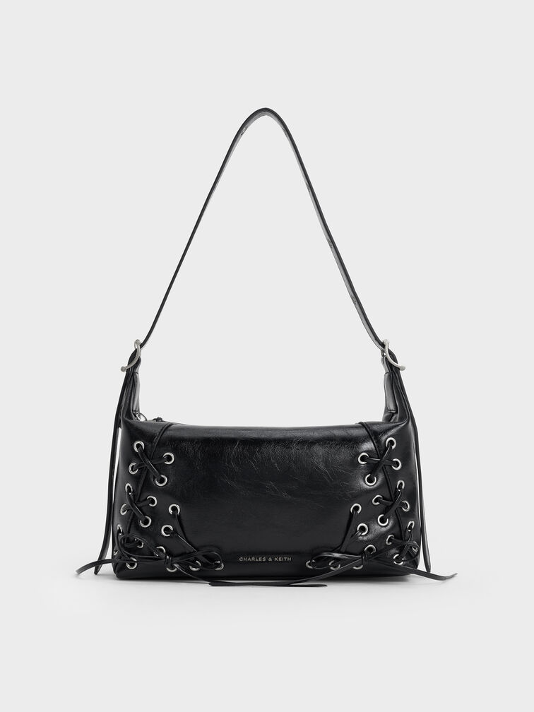 Xylia Grommet Lace-Up Shoulder Bag, Noir, hi-res