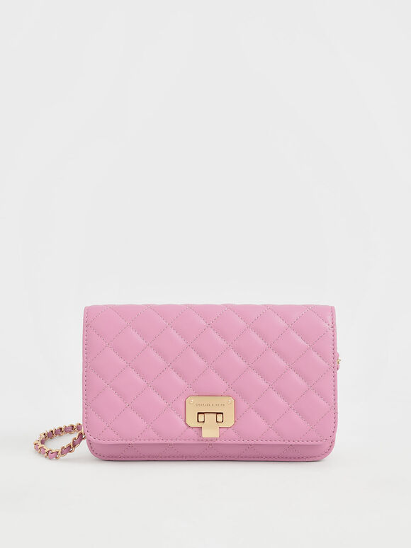 Quilted Push-Lock Clutch, Pink, hi-res