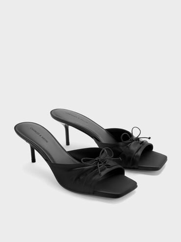 Satin Ruched Bow Heeled Mules, Black Textured, hi-res