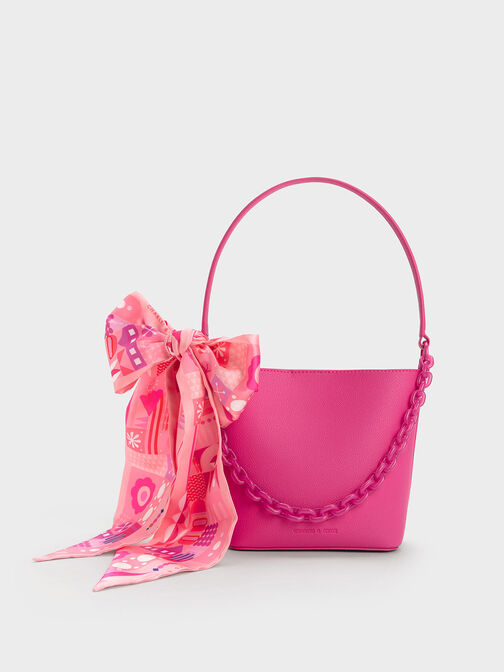 Pink Bucket Bag With Cherry Design Bag Charm Fashionable Litchi