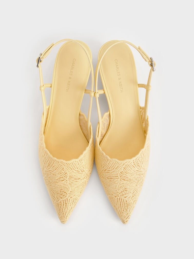 Crochet Floral Pointed-Toe Slingback Pumps, Yellow, hi-res