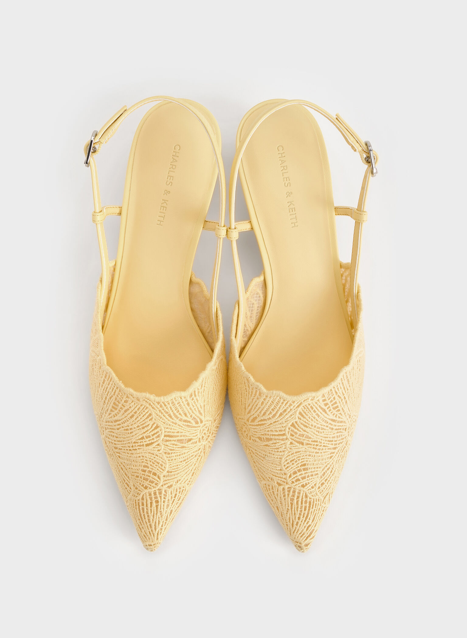 Crochet Floral Pointed-Toe Slingback Pumps, Yellow, hi-res