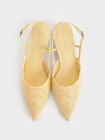 Crochet Floral Pointed-Toe Slingback Pumps, Yellow, hi-res