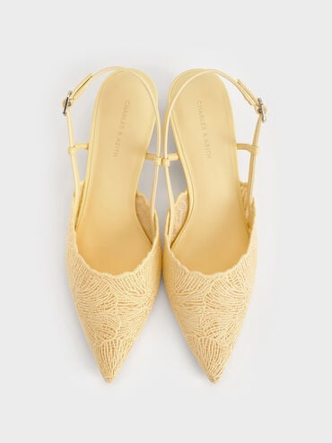 Crochet Floral Pointed-Toe Slingback Pumps, Yellow, hi-res