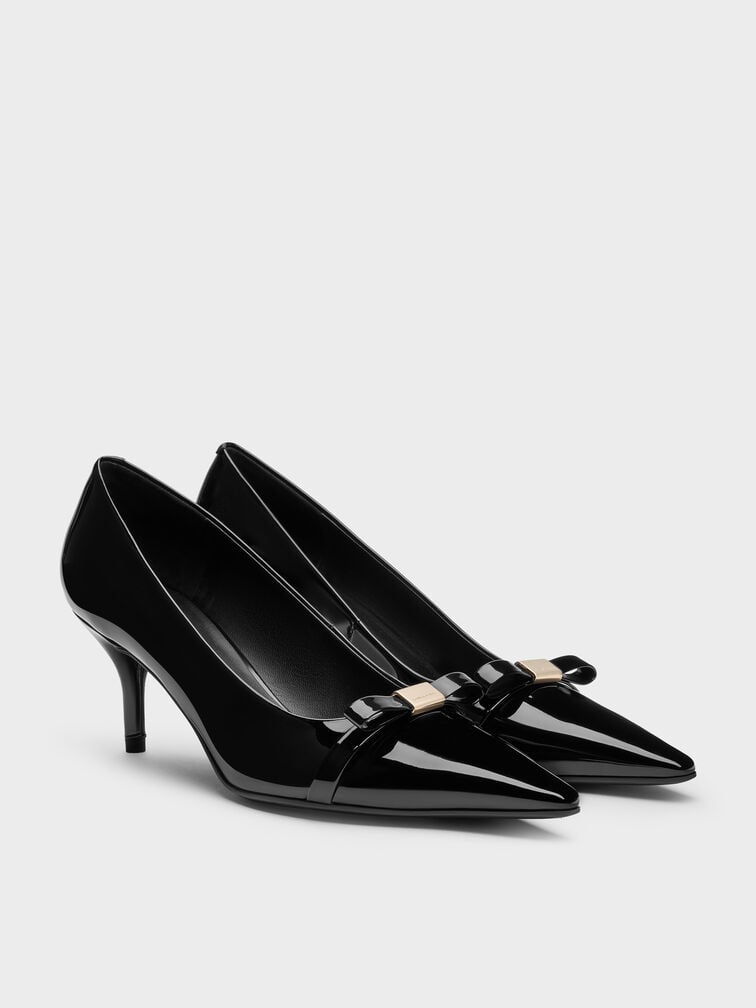 Dorian Patent Bow Pointed-Toe Stiletto-Heel Pumps, Black Patent, hi-res