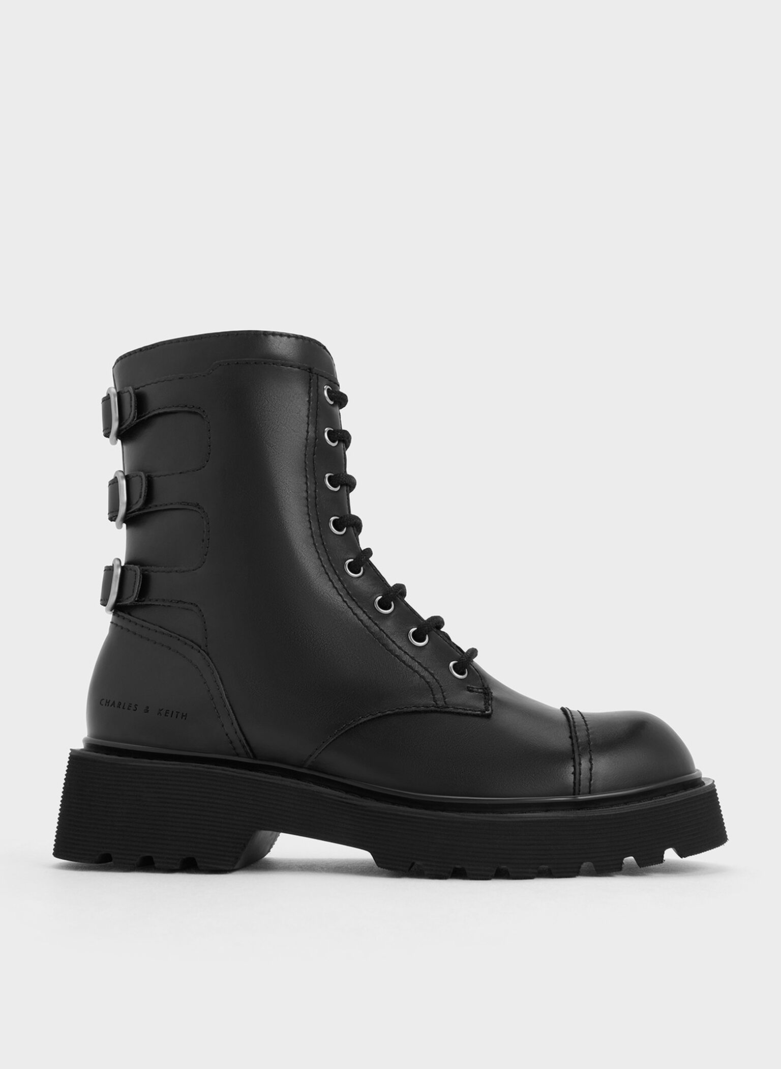 Triple-Buckle Lace-Up Ankle Boots, Black, hi-res
