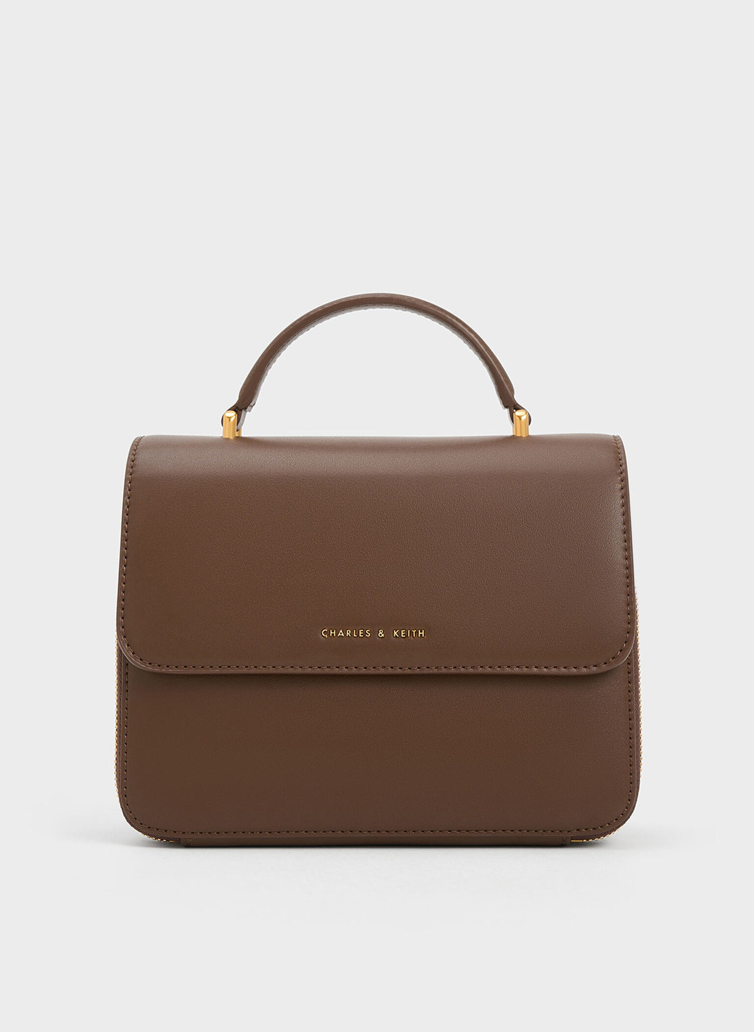 Front Flap Top Handle Bag, Dark Brown, hi-res