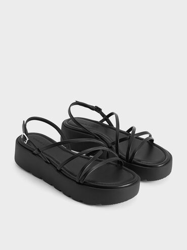Strappy Ridged-Sole Flatform Sandals, Black, hi-res