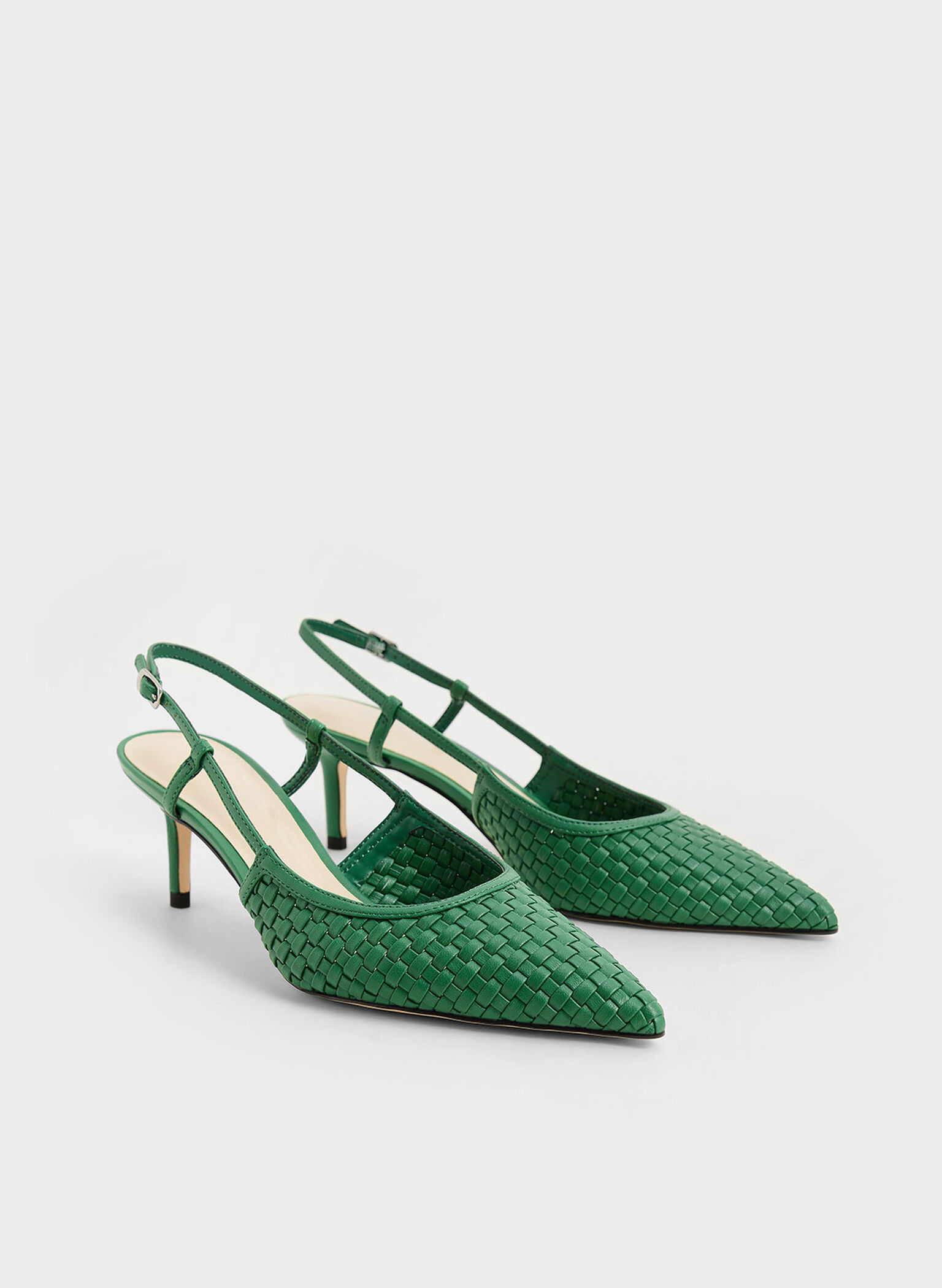 Woven Slingback Pumps, Green, hi-res