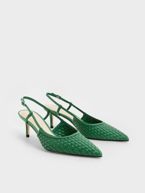 Woven Slingback Pumps, Green, hi-res