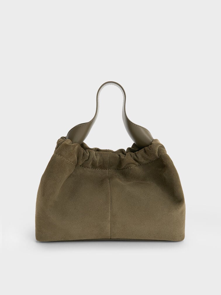Ally Recycled Suede Ruched Slouchy Chain-Handle Bag, Deep Olive, hi-res