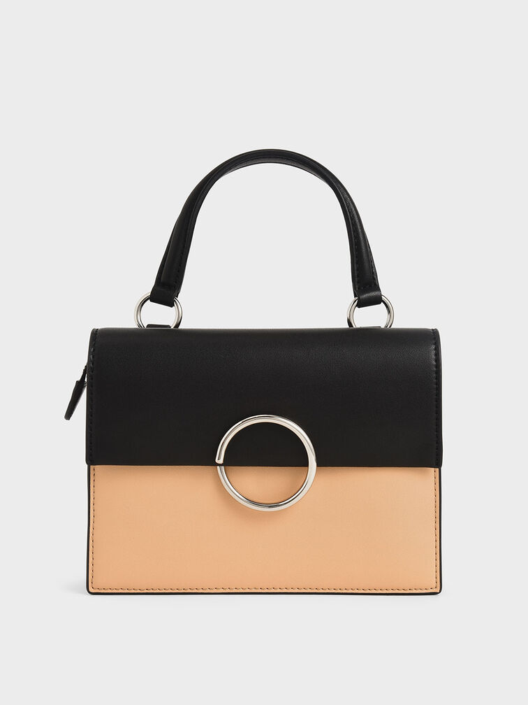 Two-Tone Ring Detail Top Handle Bag, Nude, hi-res