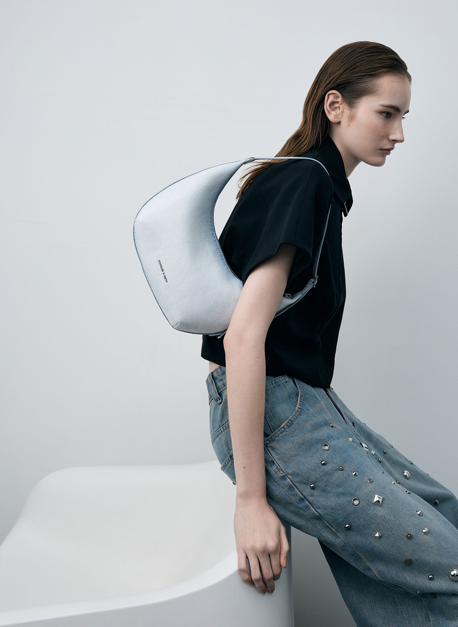 Bryna Denim Curved Hobo Bag, Light Washed Denim, hi-res