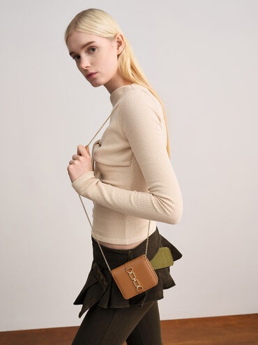 Agatha Chain-Accent Card Holder, Brown, hi-res