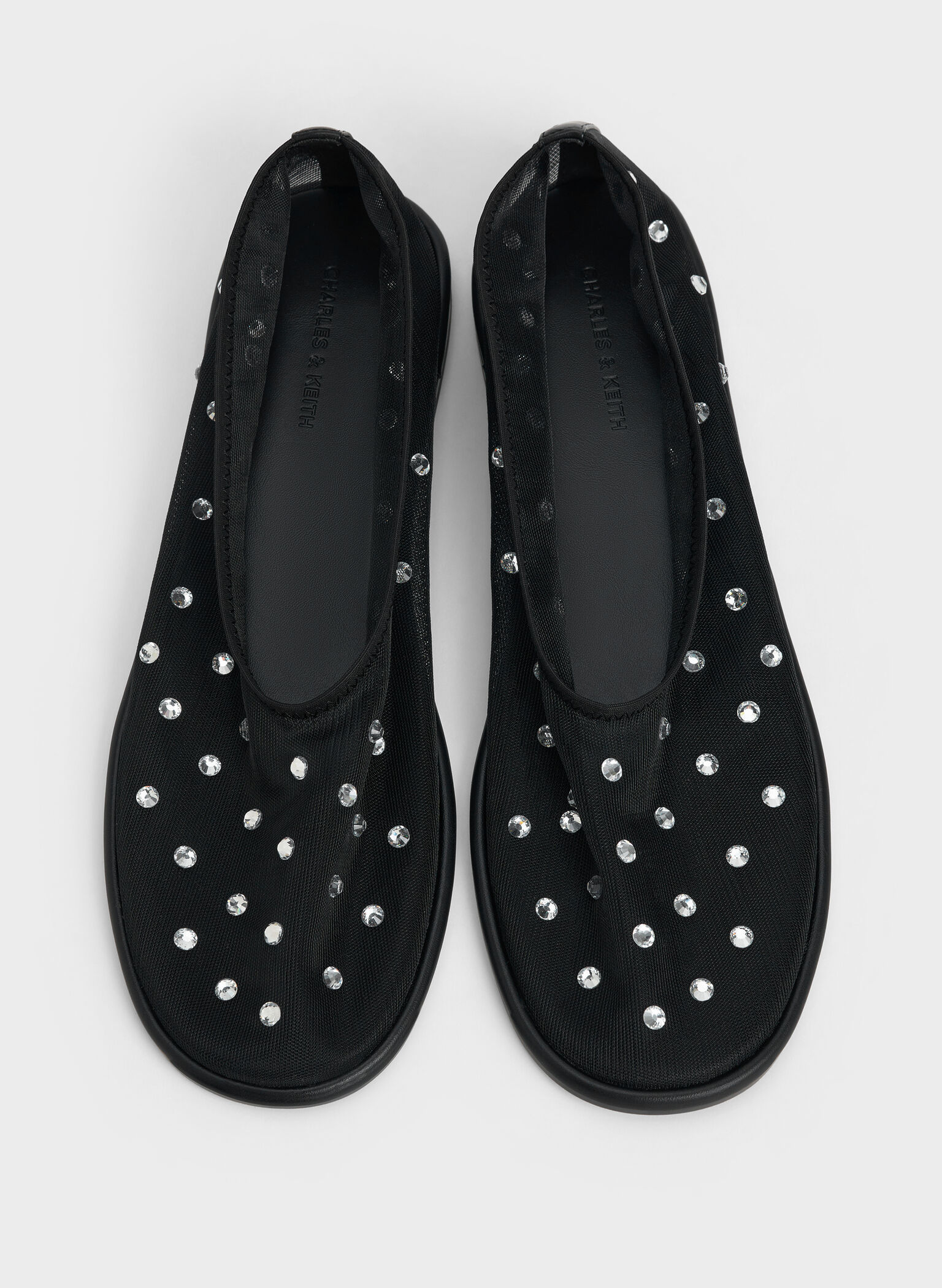 Mesh Gem-Embellished Ballet Flats, Black Textured, hi-res