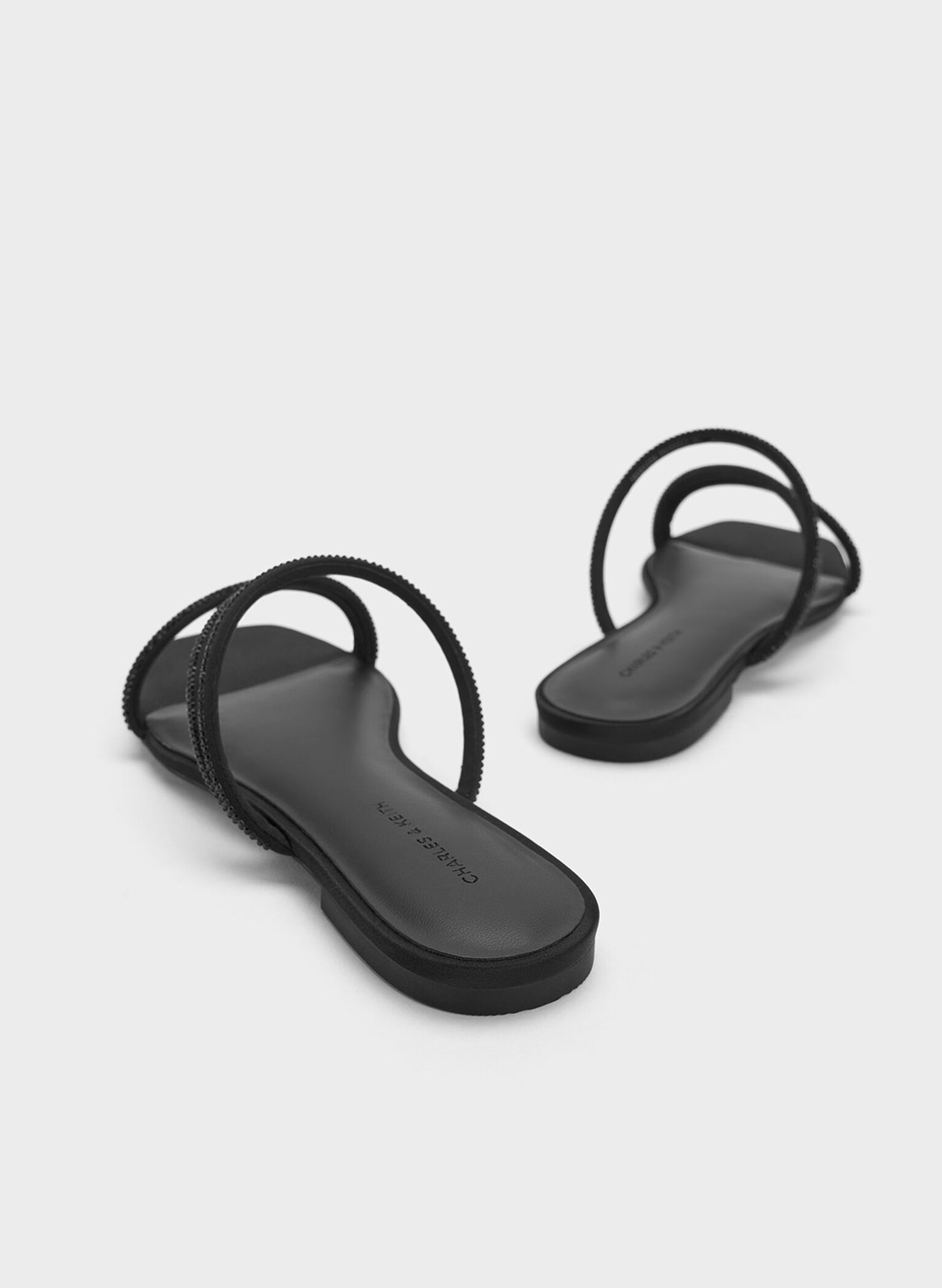 Satin Crystal-Embellished Strappy Sandals, Black Textured, hi-res