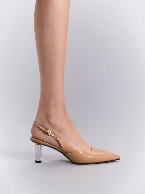 Geometric Heel Slingback Pumps, Nude, hi-res