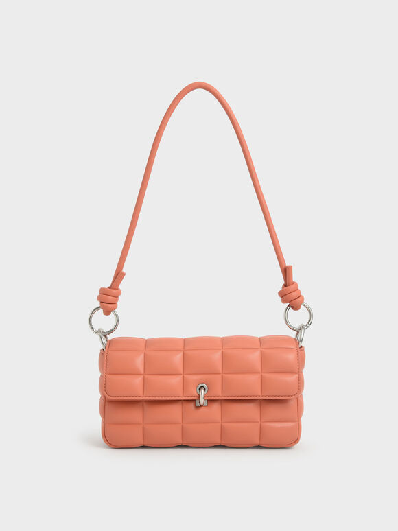 Maze Chunky Chain Handle Quilted Shoulder Bag, Orange, hi-res