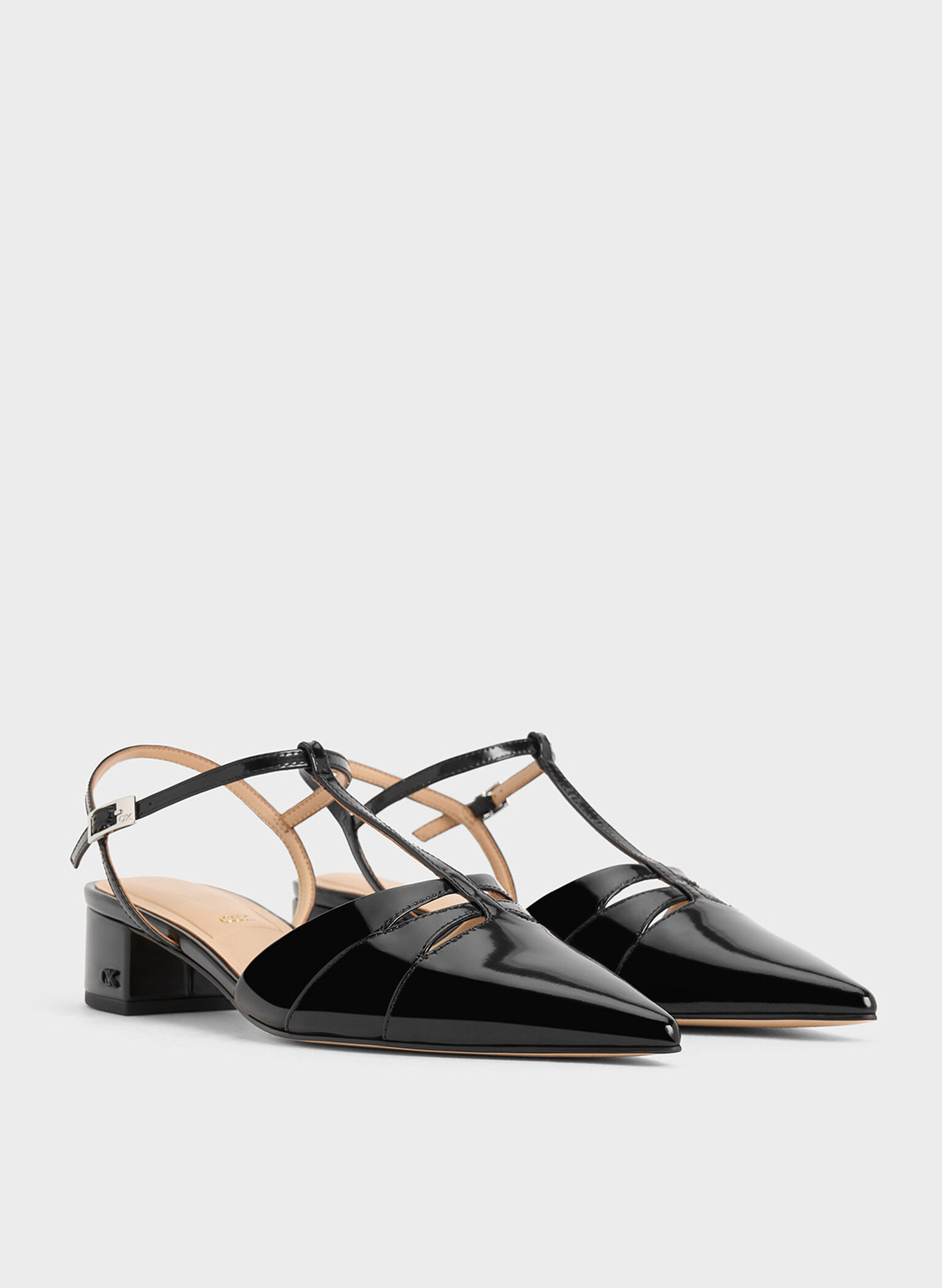 Leather T-Bar Block-Heel Pumps, Black Box, hi-res