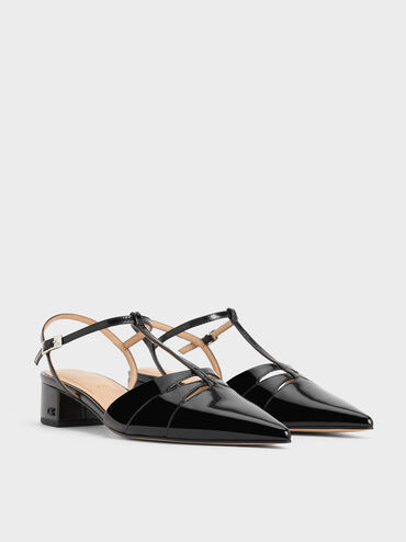 Leather T-Bar Block-Heel Pumps, Black Box, hi-res