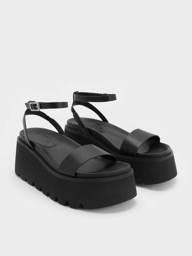 Ridged-Sole Ankle-Strap Flatform Sandals, Black, hi-res