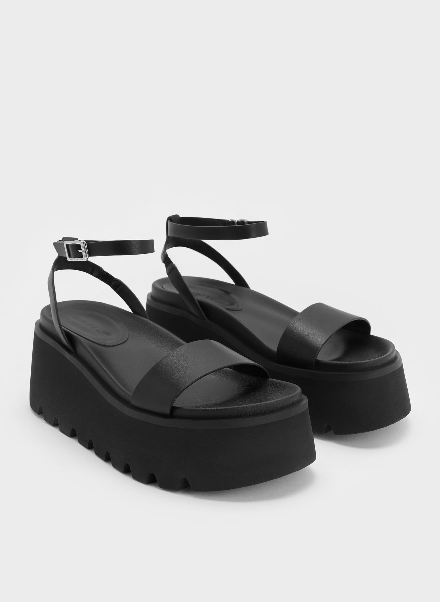 Ridged-Sole Ankle-Strap Flatform Sandals, Black, hi-res