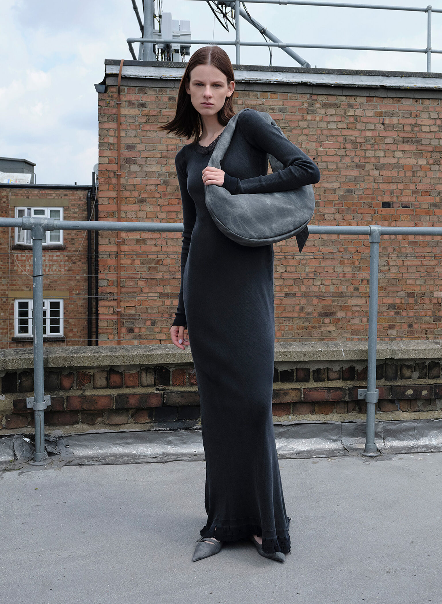 Toni Denim Knotted Crescent Hobo Bag, Dark Grey, hi-res