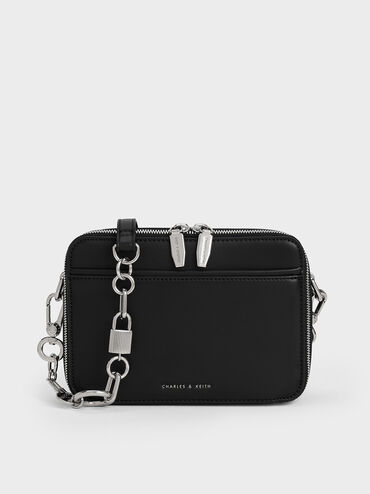 Lock & Key Chain Handle Bag, Noir, hi-res