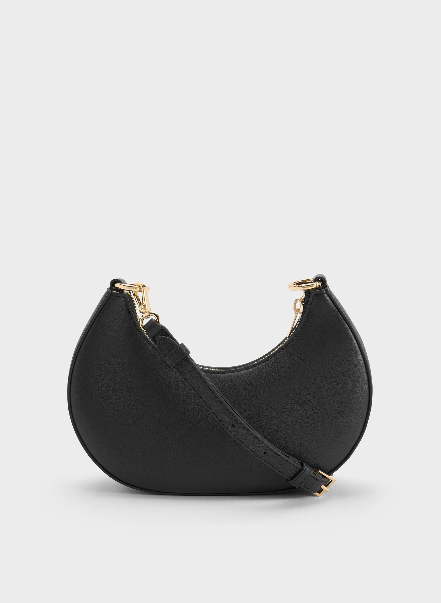 Leather Crescent Hobo Bag, Black, hi-res