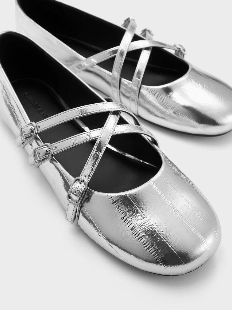 Metallic Triple-Strap Crossover Mary Jane Flats, Silver, hi-res