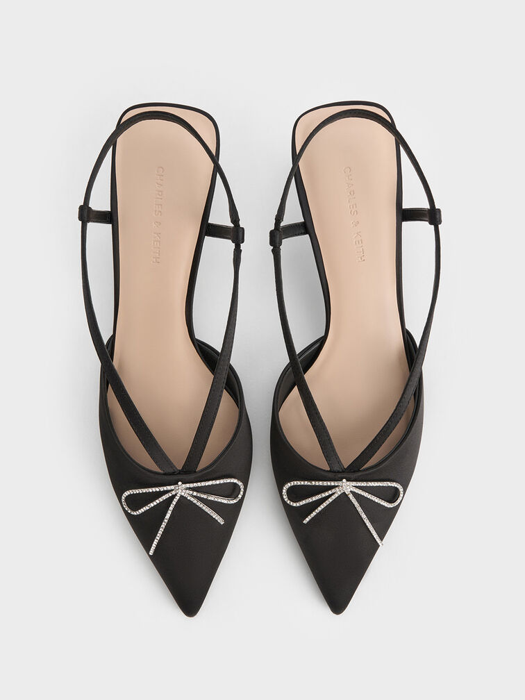 Recycled Polyester Crystal-Bow Kitten-Heel Slingback Pumps, Black Textured, hi-res